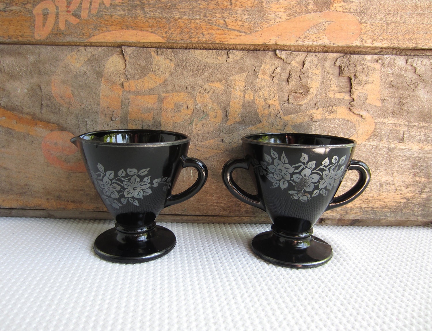 Vintage Black Glass Sugar and Creamer with Flower Design