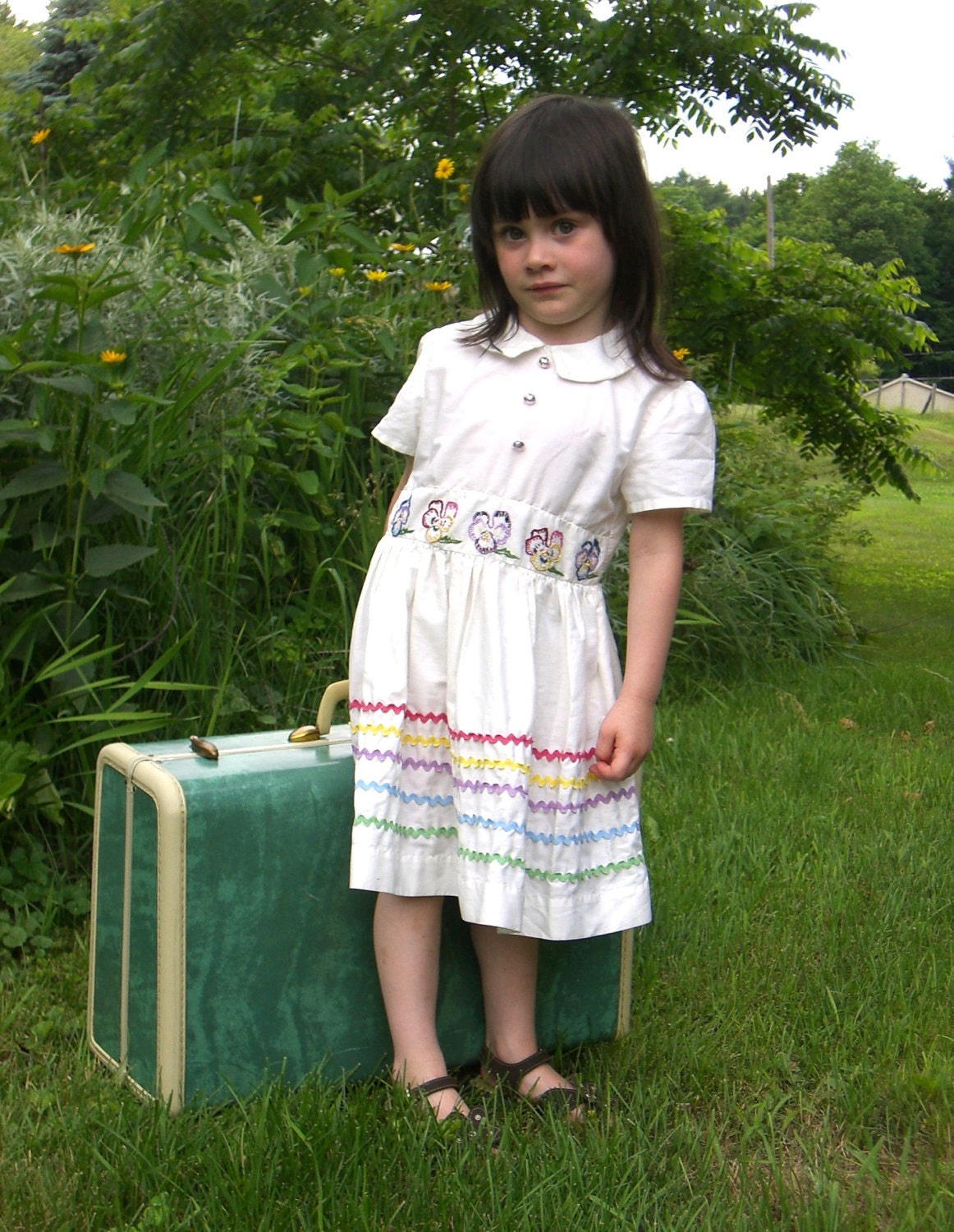 Vintage White Dress with Colorful Embroidered Pansies and Rainbow Ric Rac Detail Little Girl Size 3