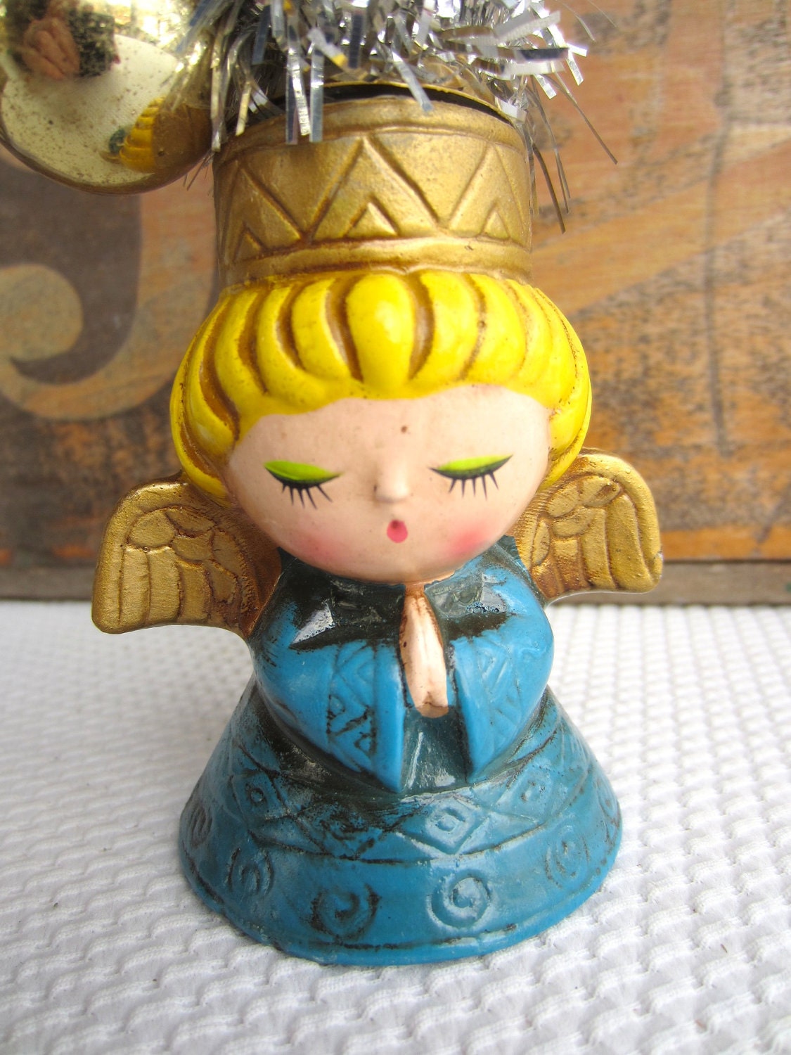 Vintage Christmas Decoration Blonde Angel in Blue Candle Holder by Wolin Japan