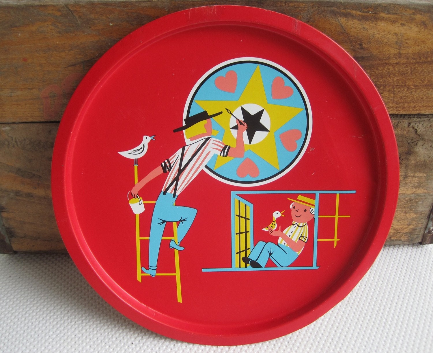 Vintage Amish Painting the Hex Colorful Kitsch Sweet Metal Tray