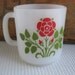 Vintage Red Flower Green Leaves Milk Glass Mug