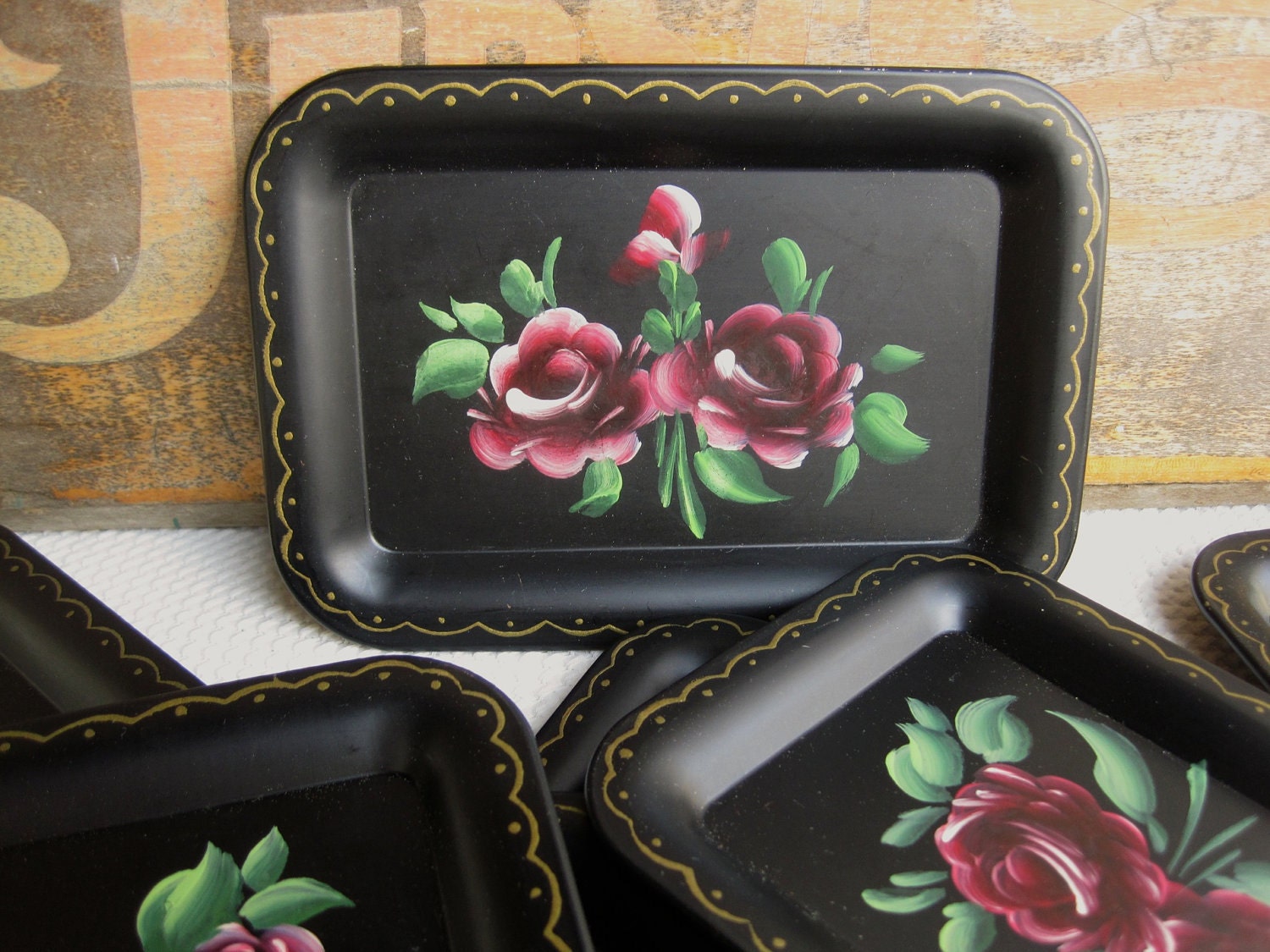 Vintage Plum Roses Handpainted Tole Trays - Set of 8