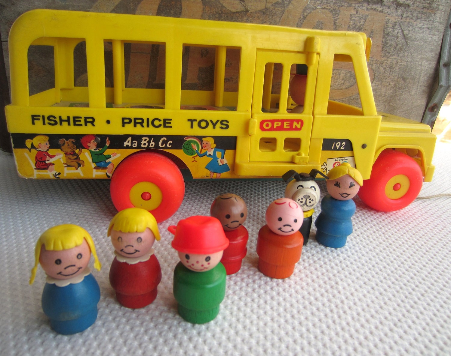 Vintage 1965 Fisher Price School Bus Loaded with Wooden People and Dog