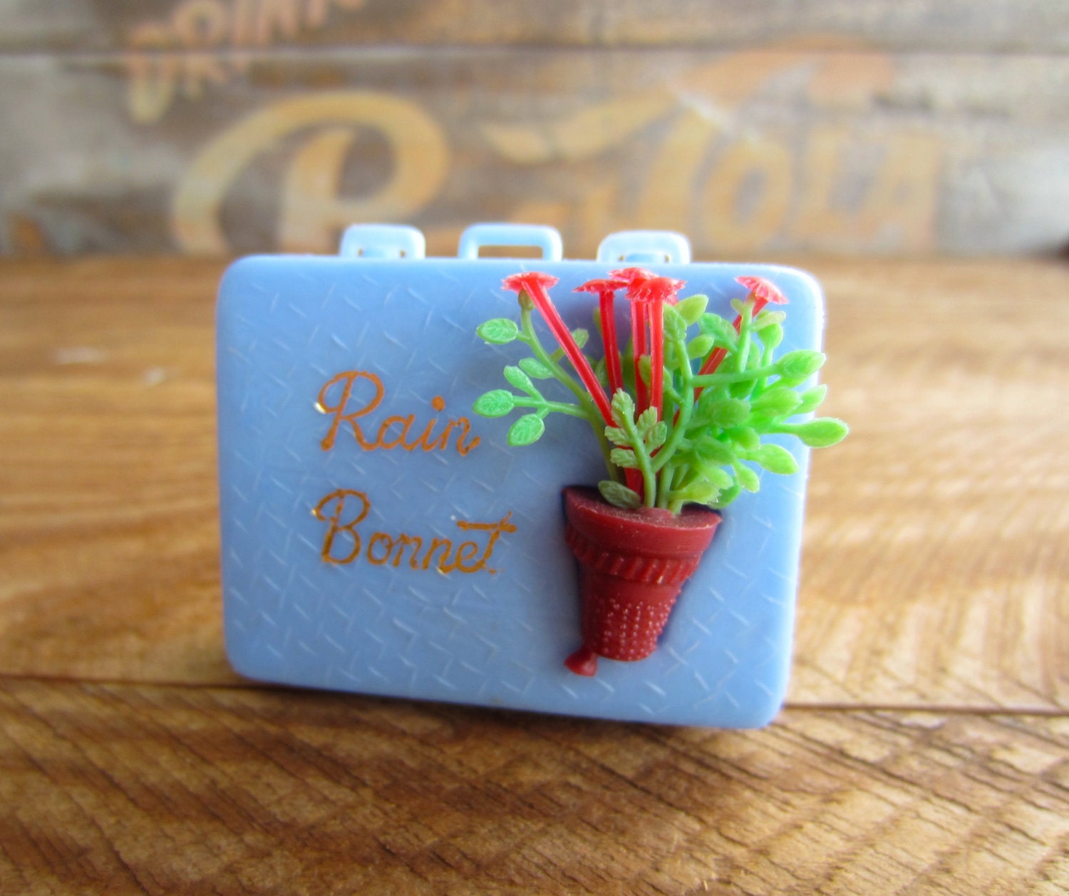 Vintage Rain Bonnet in Kitschy Blue Little Suitcase Don't Get Caught In April Showers Made in Hong Kong