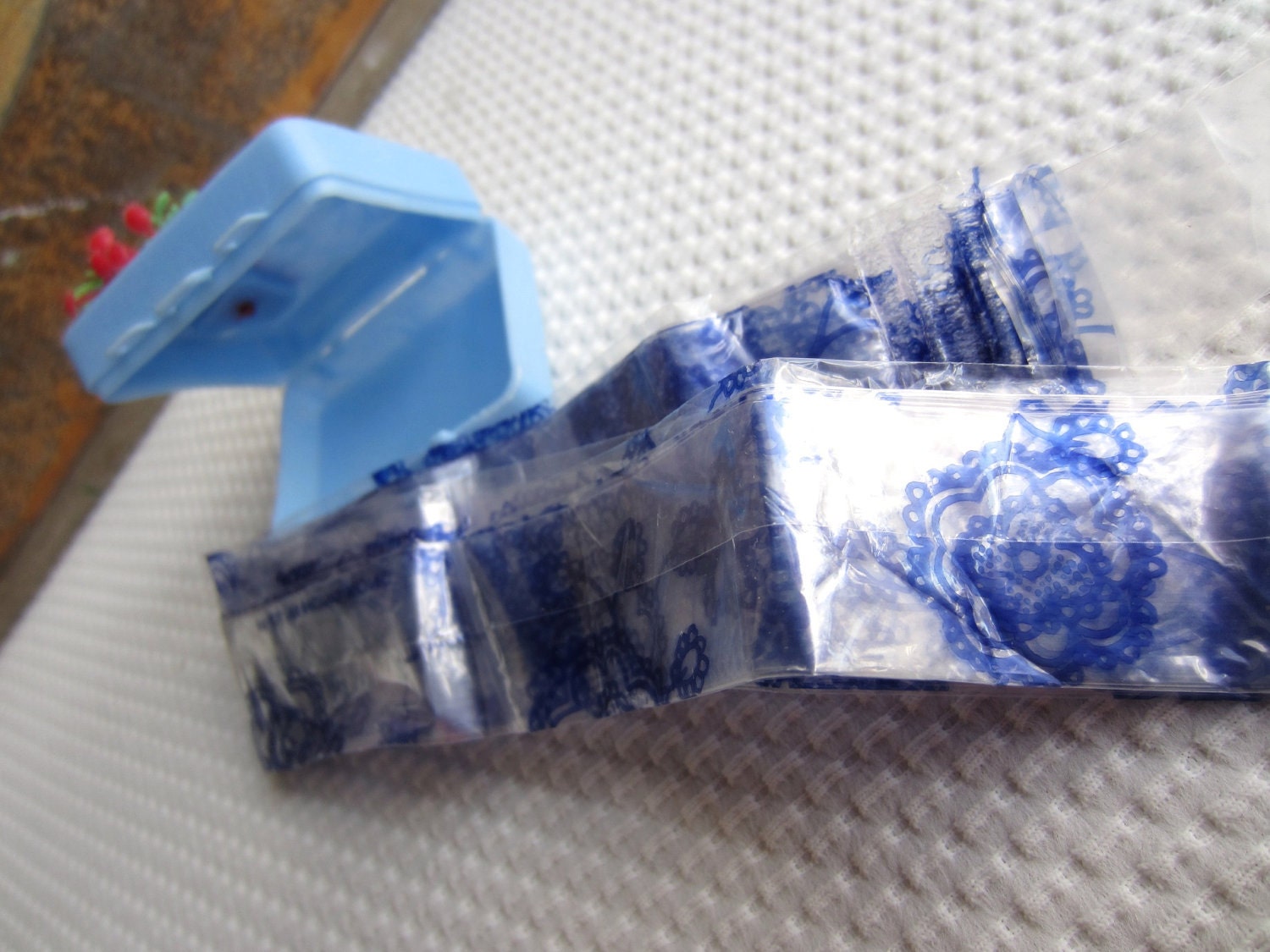 Vintage Rain Bonnet in Kitschy Blue Little Suitcase Don't Get Caught In April Showers Made in Hong Kong