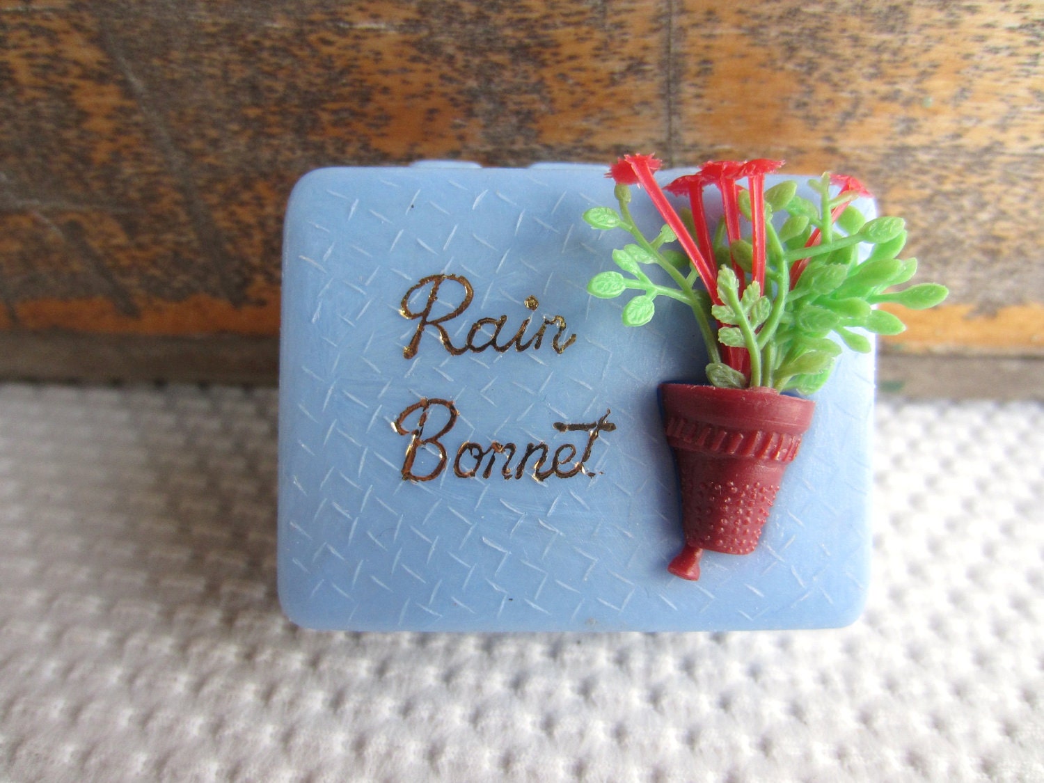 Vintage Rain Bonnet in Kitschy Blue Little Suitcase Don't Get Caught In April Showers Made in Hong Kong