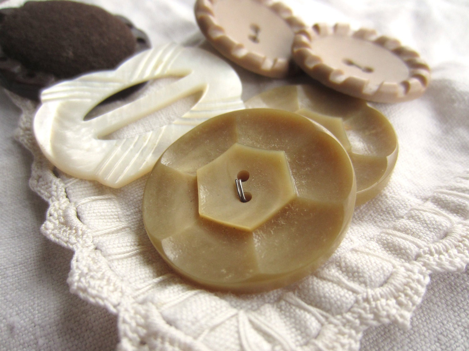 Vintage Chunky Brown Neutral Buttons and Shell Buckle Rustic Natural