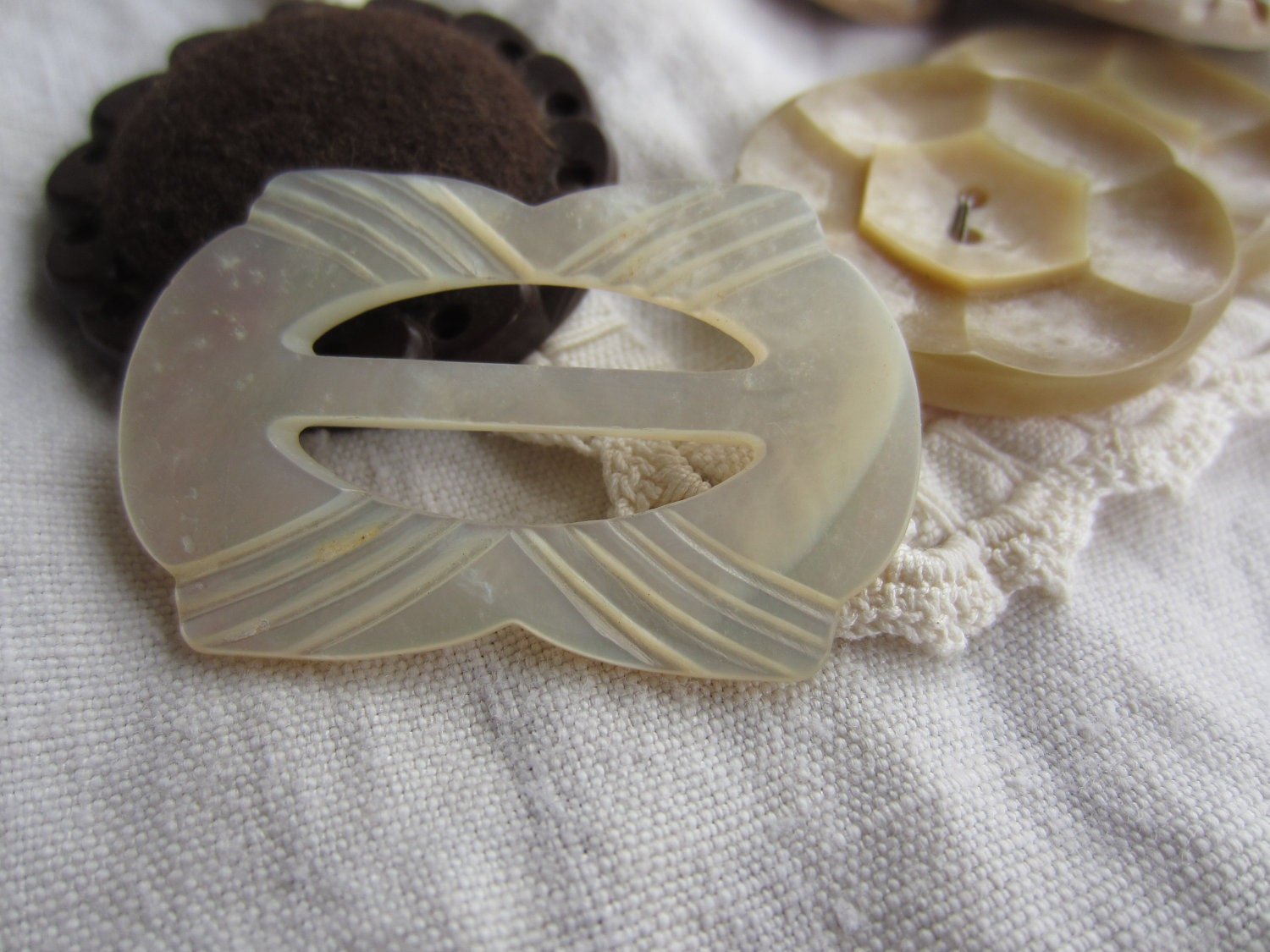 Vintage Chunky Brown Neutral Buttons and Shell Buckle Rustic Natural