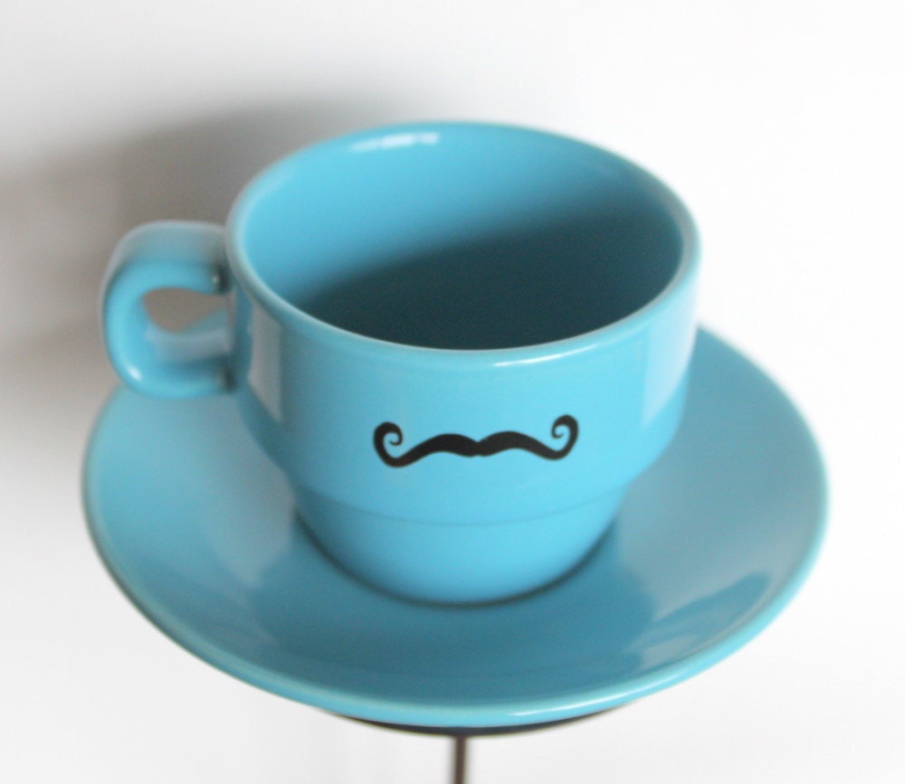 LAST ONE Upcycled Mustache Blue Espresso Cup and Blue Saucer by Uptown Avenue