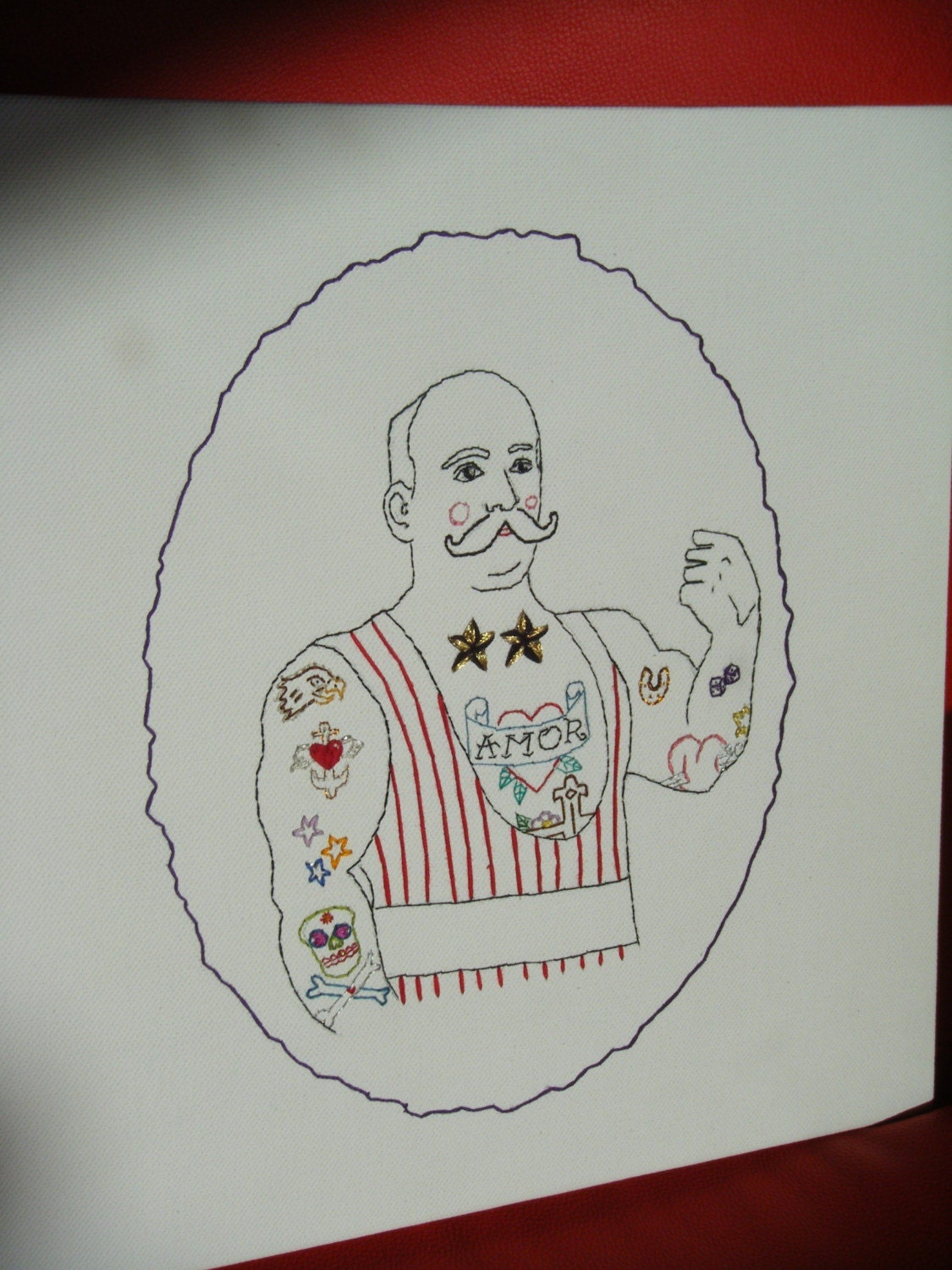 Hand embroidered  art canvas  Unique design The tattooed man