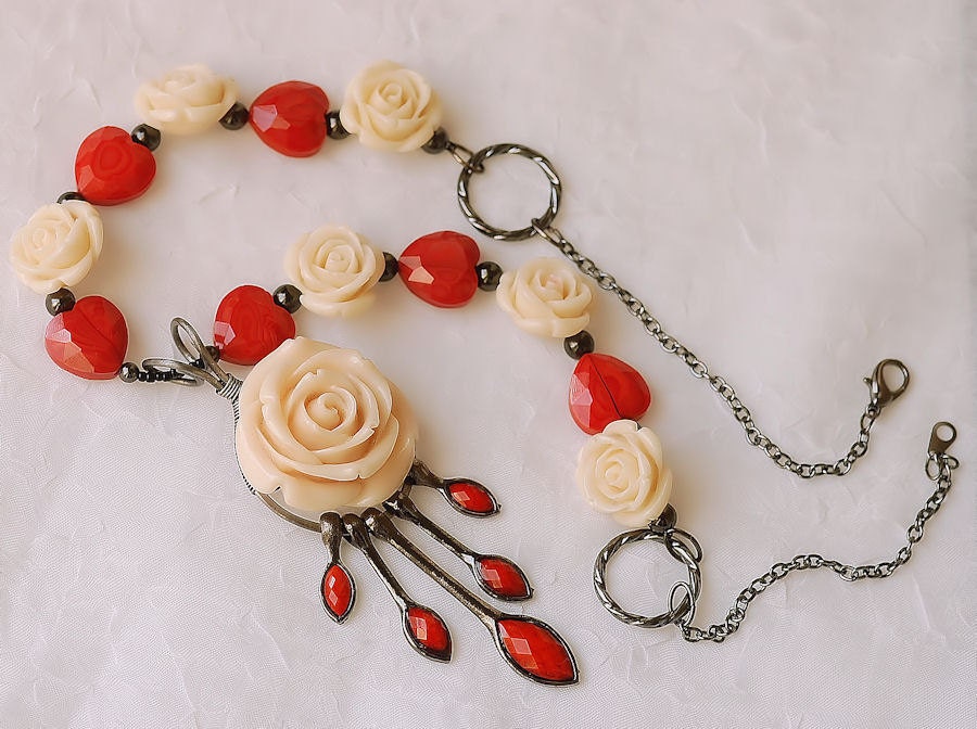 Creamy White Resin Rose Red Heart Necklace