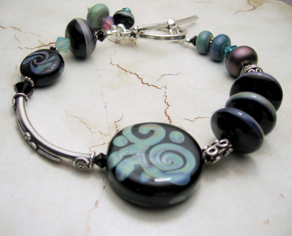 Black Lampwork Bracelet - Sterling Silver Swarovski Crystals beaded Jewelry 'Summer Batik'