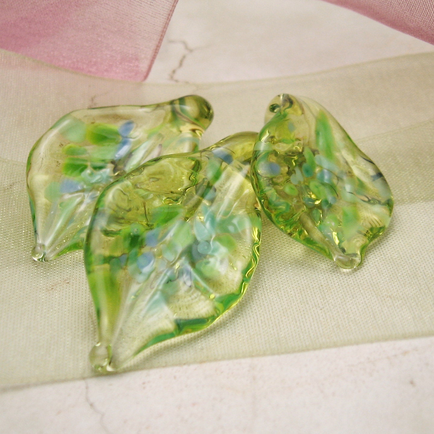 Lampwork Glass Leaves , Green Set of 3 SRA