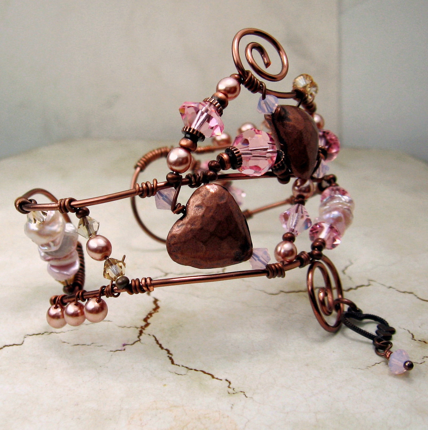 Wire Cuff Bracelet, Antique Copper Wire Wrapped Cuff Bracelet with Pink Swarovski Crystals, Freshwater Pearls and Heart Beads