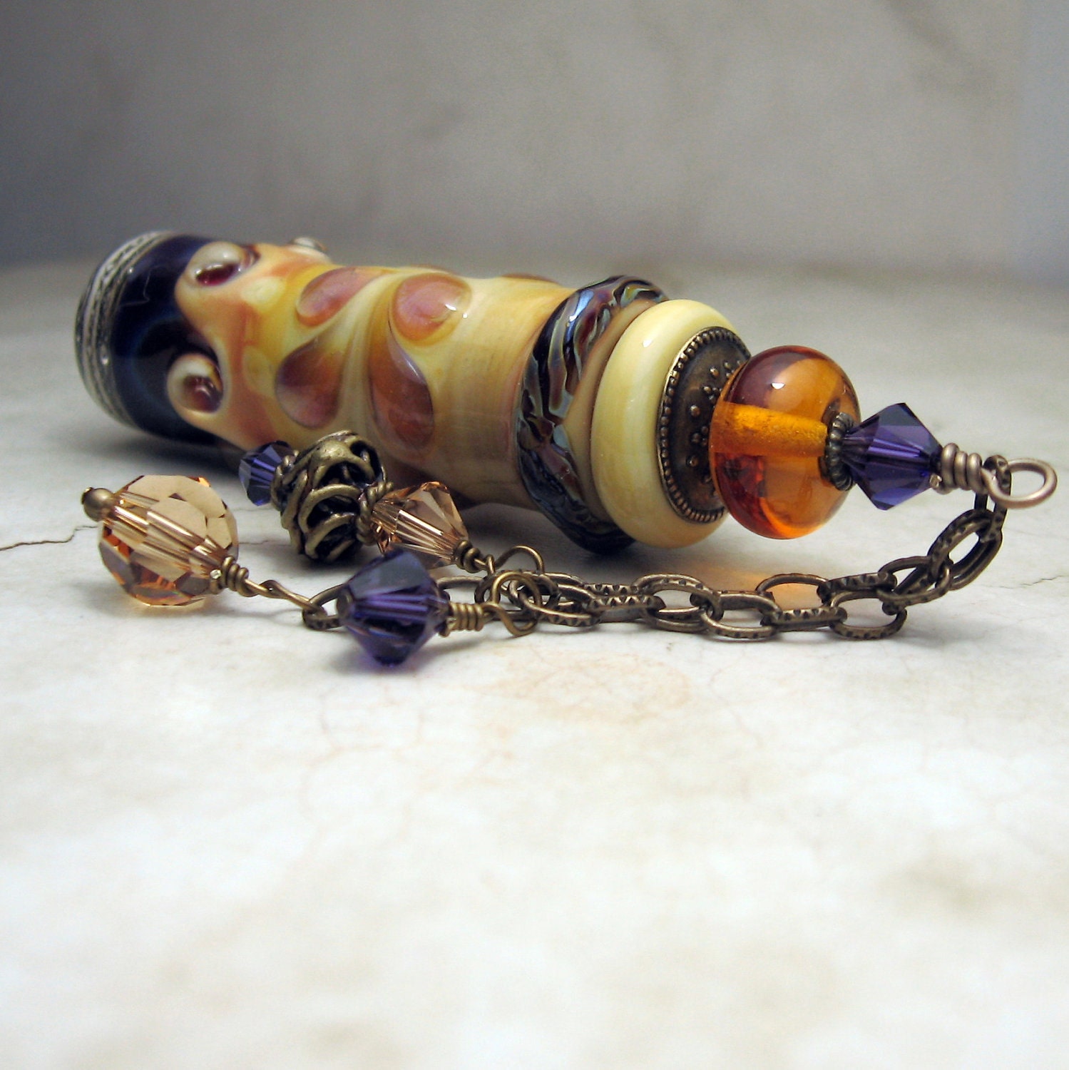 Handmade Lampwork Glass Vessel, Aromatherapy, Amphora Jar with Cork Lid, Swarovski Crystals