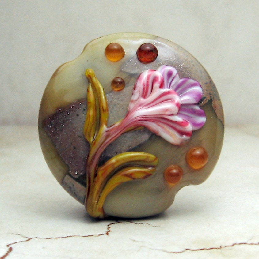 Resereved Handmade Lampwork Glass Bead, Sage Green Antique Victorian Lentil Focal with Pink Flowers 'Fall Garden'Now on Sale