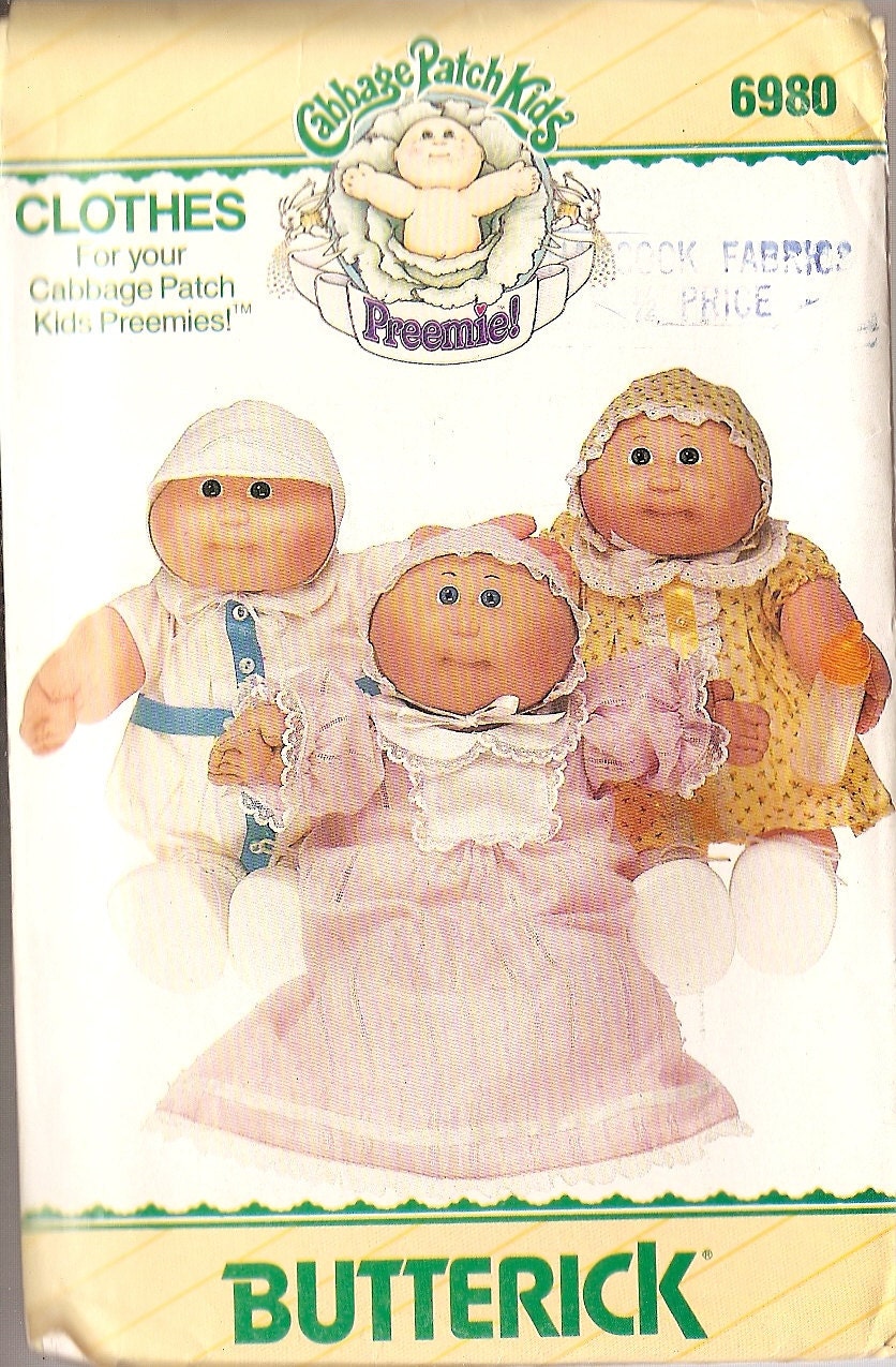 Cabbage Patch Kids PREEMIES Butterick 6980 Sewing Pattern ORIGINAL hats, gown, Dress, panties and romper Small CPK doll