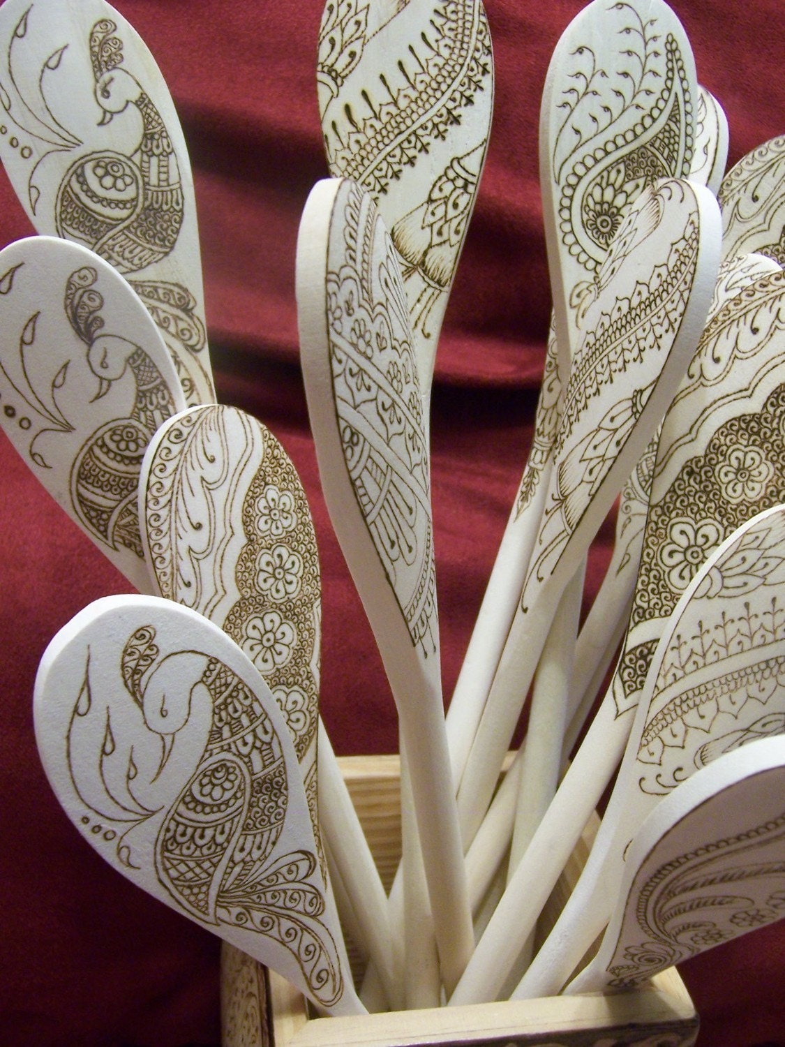 Mendhi Flower Wooden Spoon Set in Pyrography - Made to Order