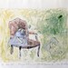 Original painting paper, 11x10 baby sleeping on chair, soft colors, gray blue, green ideal decor baby rooms By Ana Gonzalez