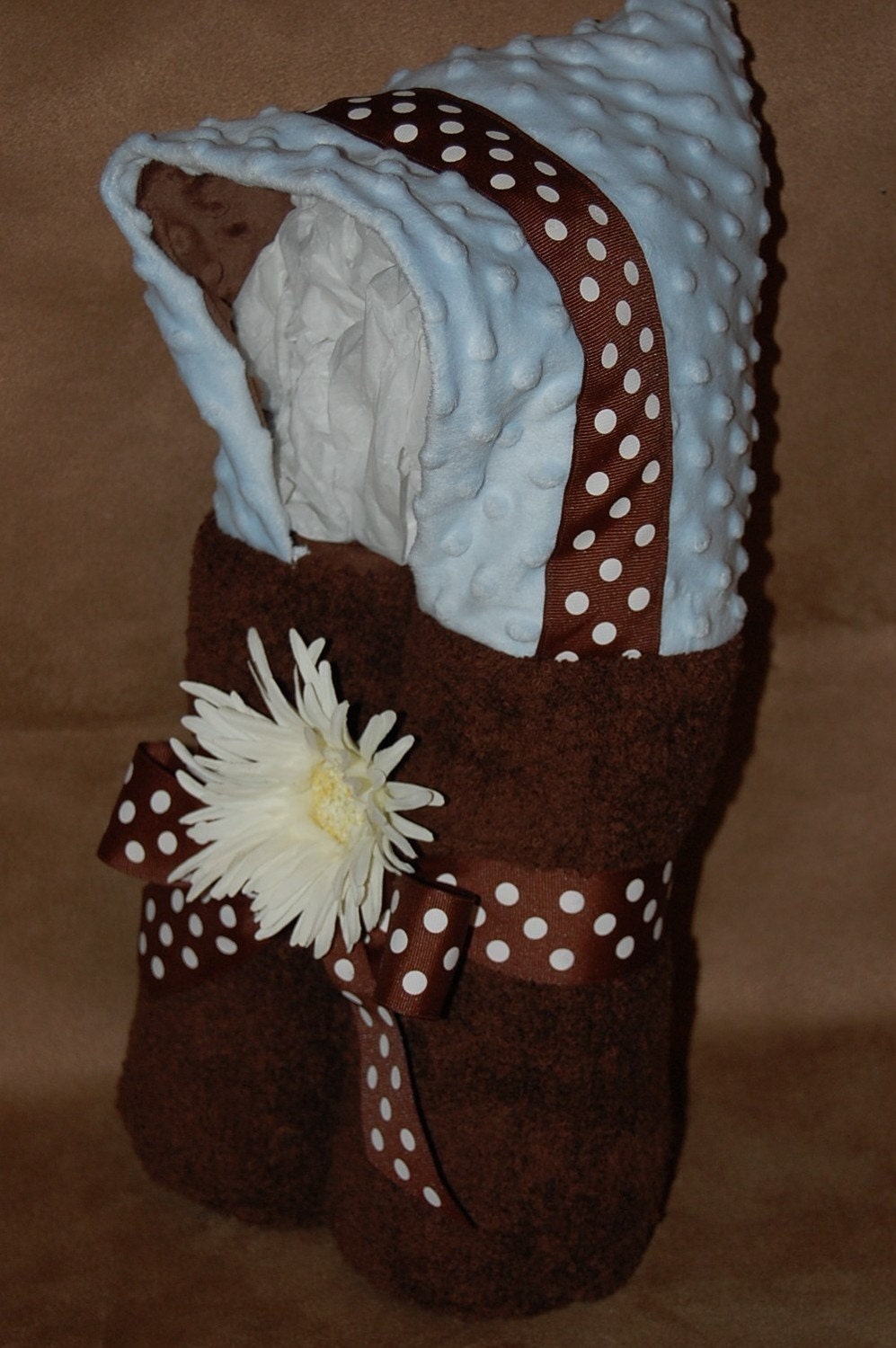 Light Blue/Dark Brown Minky Dot Hooded Baby/Toddler Towel