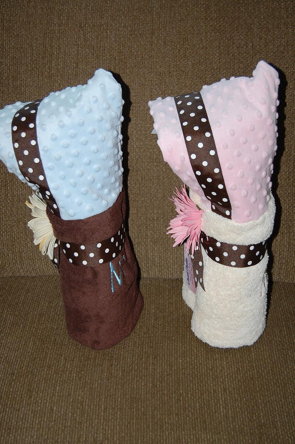 Boy and Girl Twin, Minky Dot Hooded Towel Set