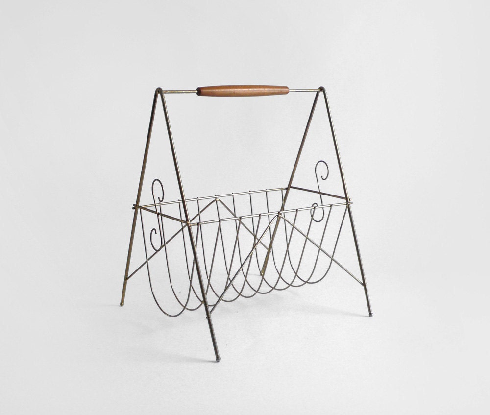 Vintage Mid Century Magazine Rack - Modern, Metal, Wood, Storage