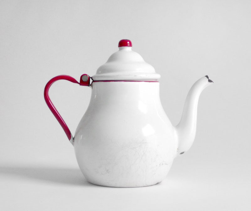 Vintage Enamel Tea Pot - Mid Century, Retro, Coffee, Kitchen, Enamelware