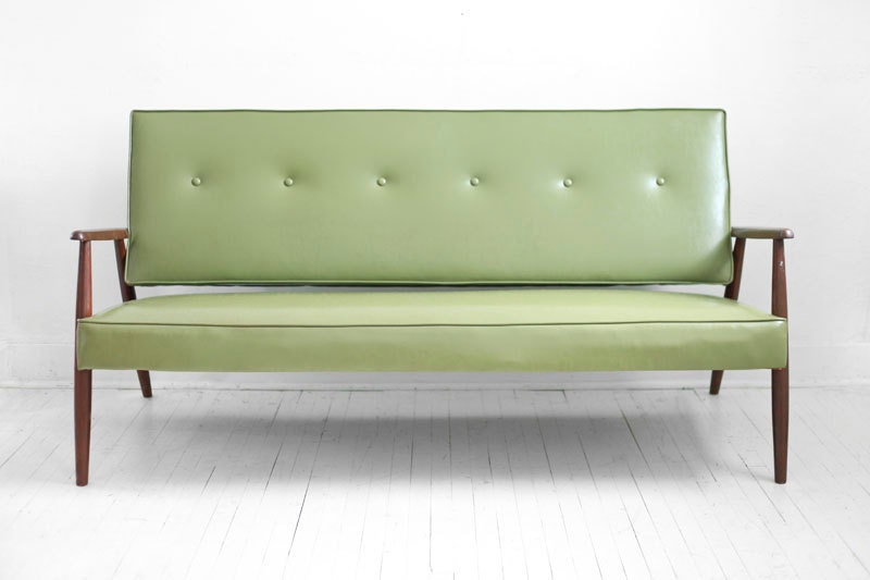 Reserved - Mid Century Green Sofa - Modern, Wood, Couch, Retro, Leather look, Eames
