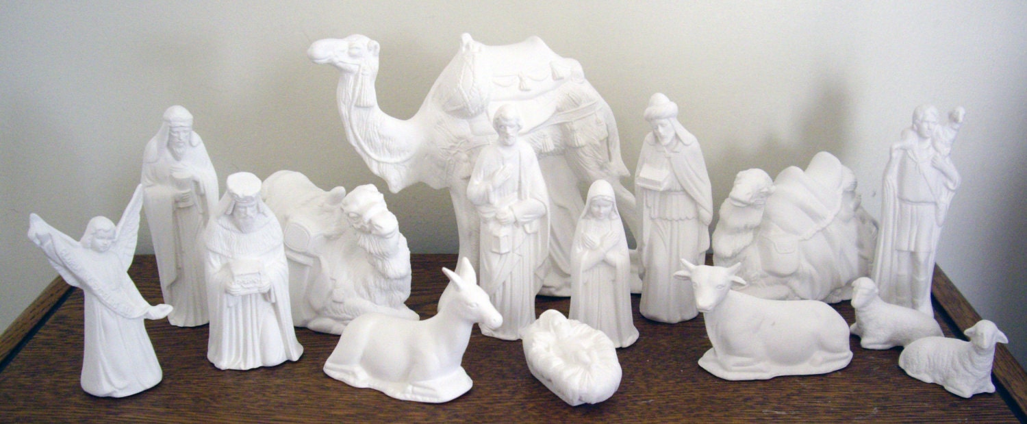 White Porcelain 15 Piece Small Nativity Set - No Glaze -  Holiday Decoration