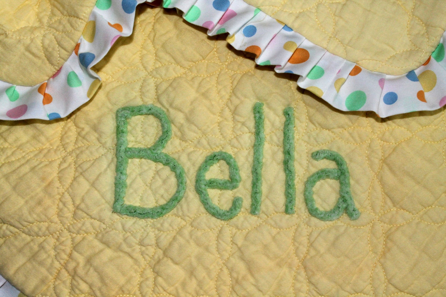 Baby Quilt With Chenille Name Yellow and Green