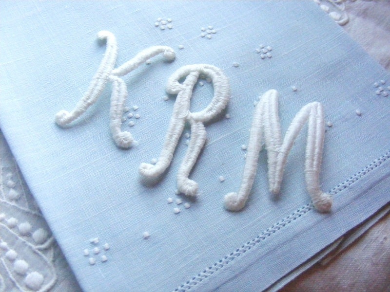 Vintage French 1950's Cotton and Silk Script Monograms 2 1/8 Inch Letters Alphabet in Pure White