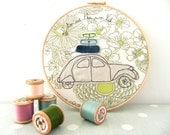 Embroidery Hoop Art - 'Off to see the world' Textile Artwork of a 2CV car in green & blue - 8" hoop