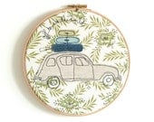 Embroidery Textile Art in a Hoop - 'Off to see the world' Renault 4 car in green & blue - 8" hoop