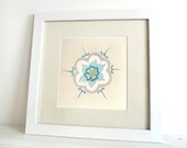 Fine Art Print - 'Bleuet' 8x8 Giclee Print of an Original Embroidered Canvas. Aqua, white, stone & lime.