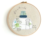 Embroidered Hoop Art - Airstream Bambi Textile Artwork in blue and green - Medium 8" hoop
