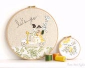 Embroidery Hoop Art - 'Let's go' Textile illustration in yellow & green - large 10" hoop - ThreeRedApples