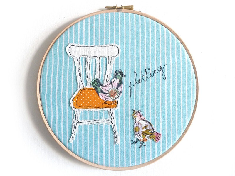 Embroidery Hoop Art -'Plotting chickens' Whimsical Textile Illustration in turquoise & orange - 8" hoop
