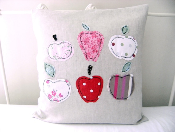 50% OFF SALE - Embroidered Pillow Case - 'Apples' cushion cover in red, pink & linen 16 x16