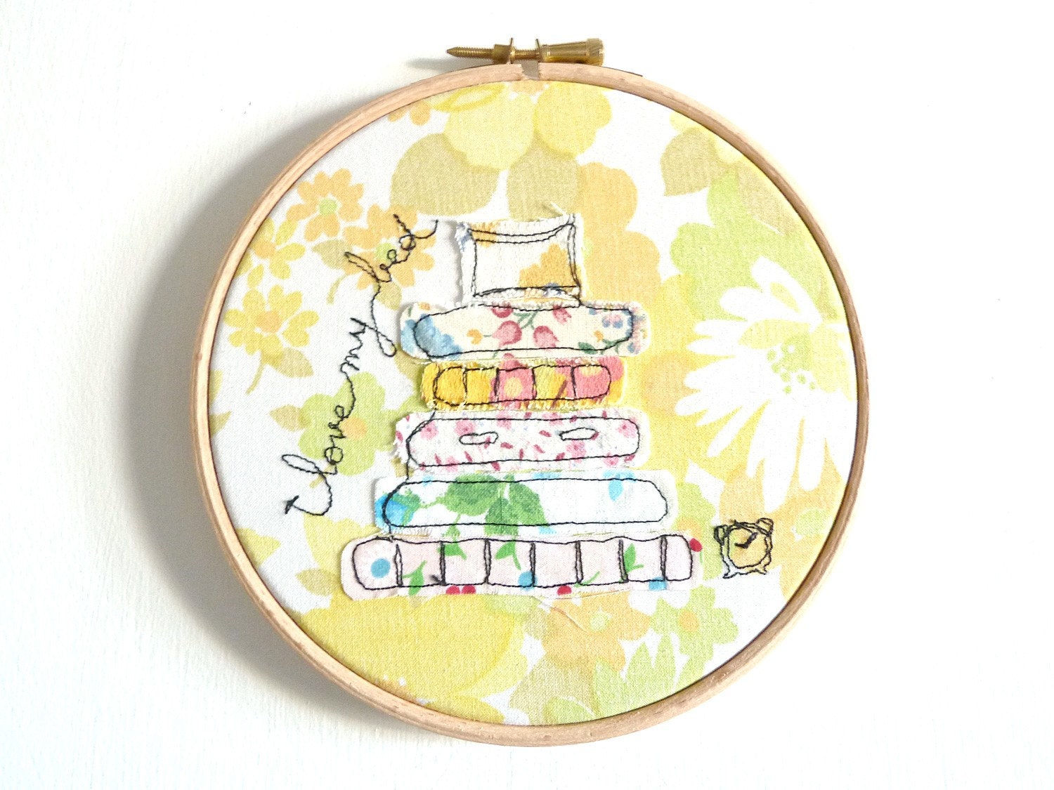 Embroidery Hoop Art - 'I love my bed' Textile Art in yellow - 6 inches hoop