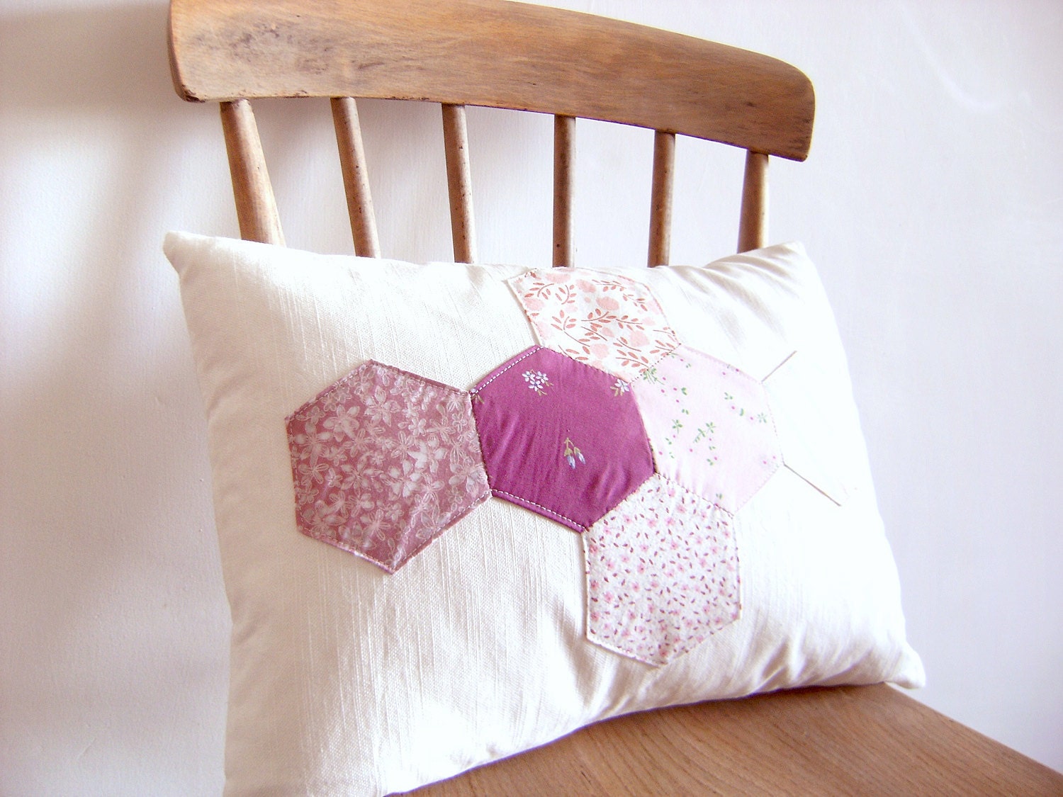 Patchwork Pillow Cover - Hexagons or Honeycomb Patchwork cushion in purple and pink 16 x 12