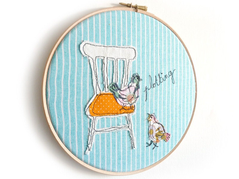 Embroidery Hoop Art -'Plotting chickens' Whimsical Textile Illustration in turquoise & orange - 8" hoop