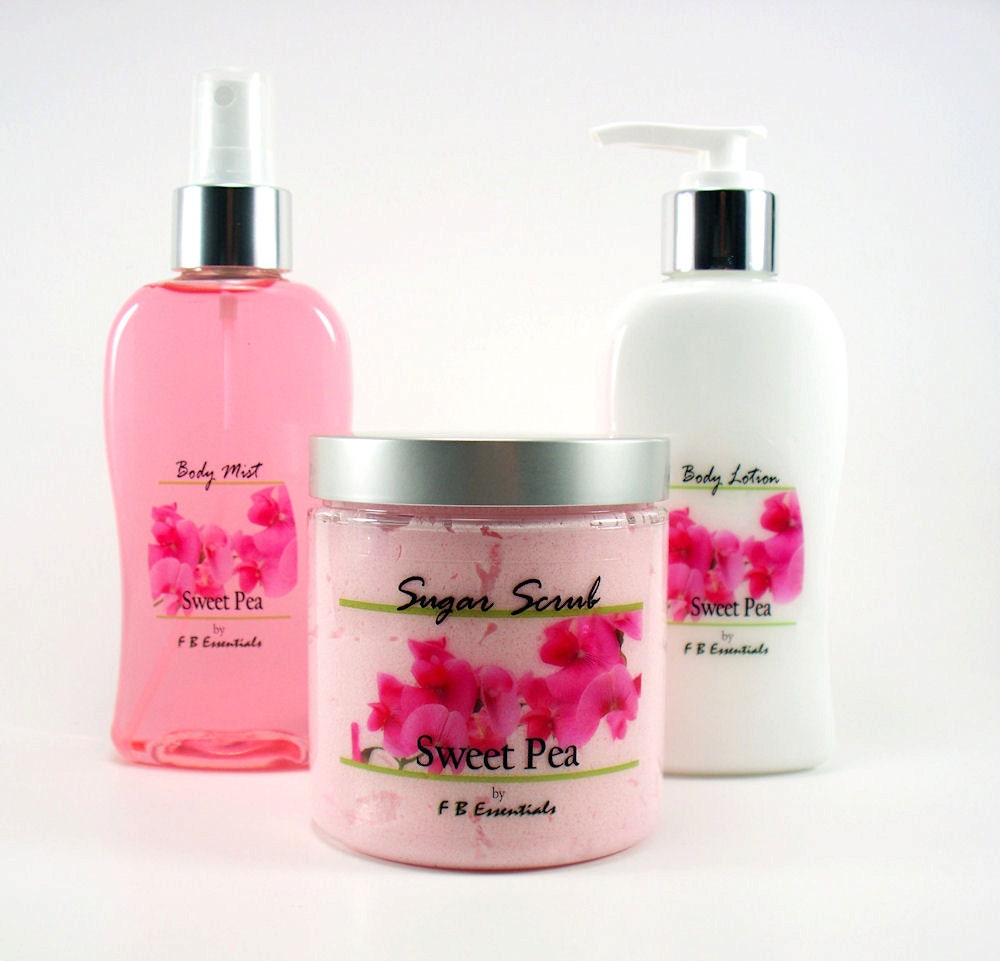 Whipped Sugar Scrub, Body Lotion & Body Mist Spray Perfume BODY TRIO (Sweet Pea)