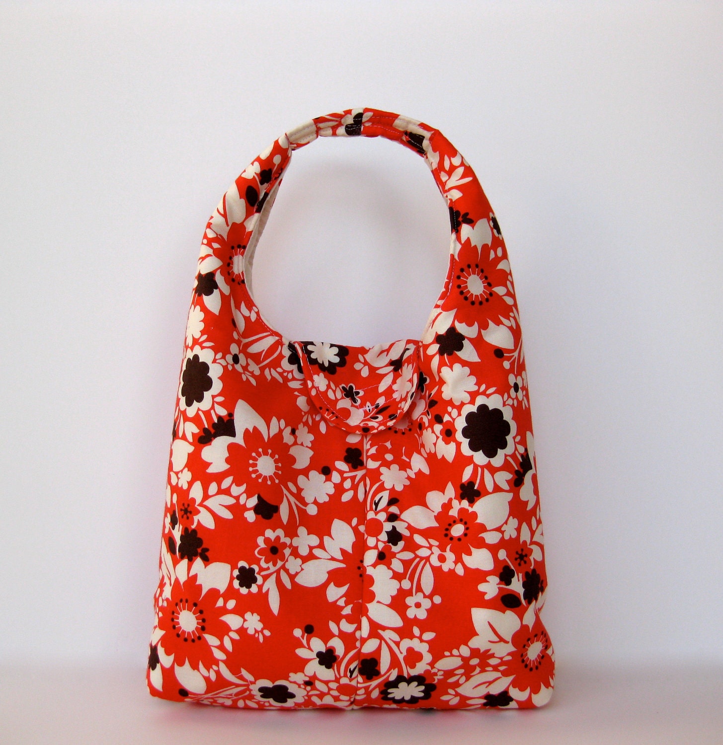 Lunch Bag Insulated Eco Friendly Washable - Coral Red Floral With Brown Pops
