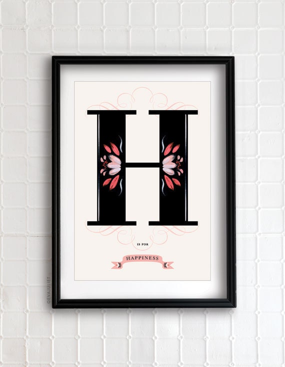 H is for HAPPINESS art print - typographical poster - 13x19