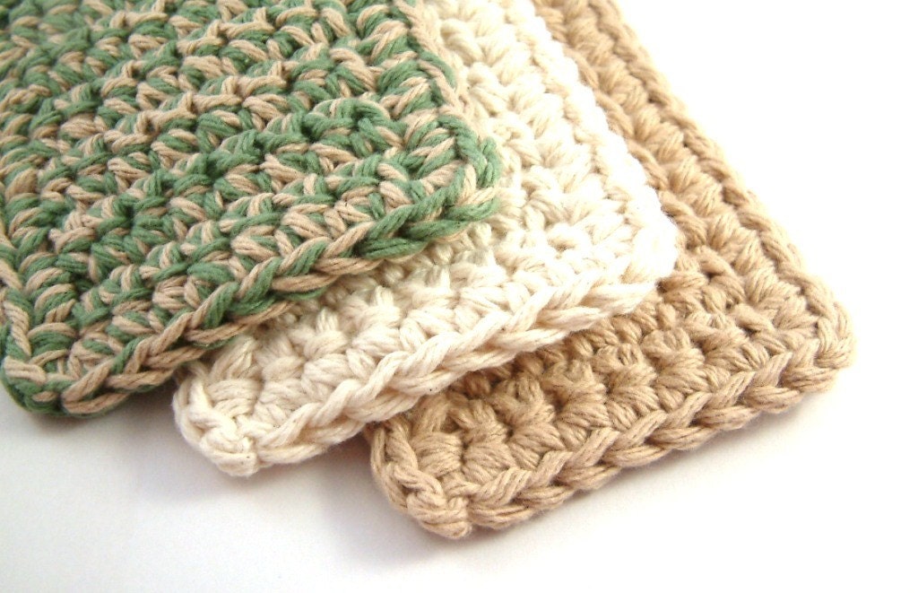 3 Kitchen Scrubbies in Sage Green, Natural and Tan