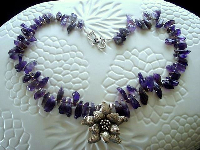 Amethyst Dagger Gemstones Hill Tribe Silver Flower Necklace