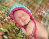 Baby Girl  Pixie Bonnet Hat  Crochet Aqua Hot Pink Newborn Photo Prop