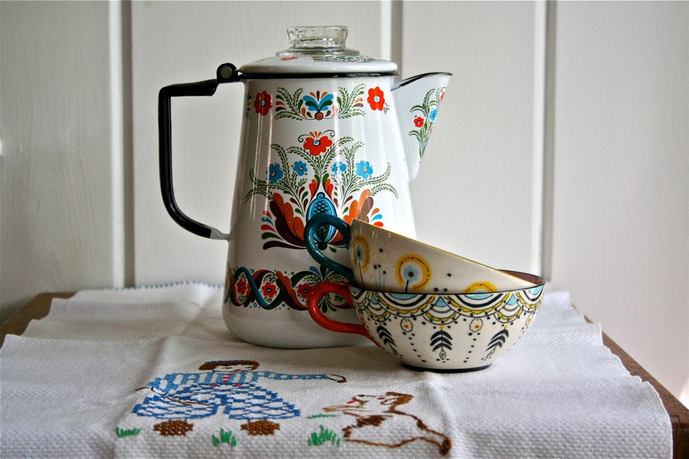 Vintage Enamelware Coffee Pot Folk Motif - Enameled Dutch German Scandinavian Midcentury