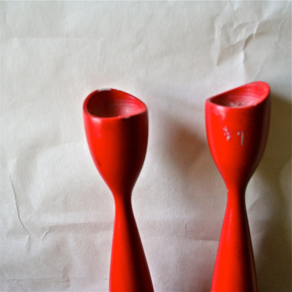 Vintage Danish Wooden Candle Holders Candlesticks Red Modern Wood