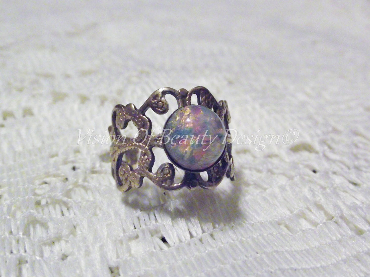 Vintage Style Fire Opal Filigree Ring